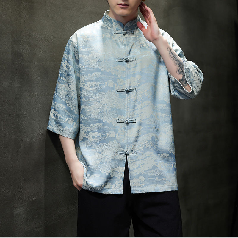 New Chinese Style Tang Suit Landscape Printed Shirt Short Sleeve Men Style Ice Silk Half Sleeve#新中式唐装山水印花衬衫短袖男款冰丝五分袖汉服盘扣立领衬衣