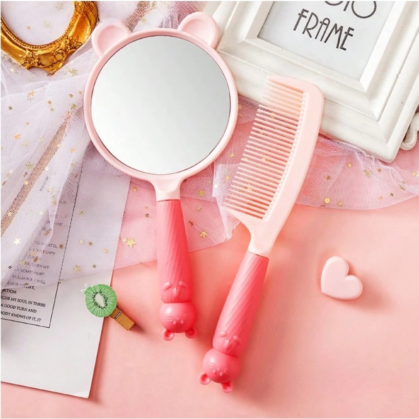 KIM 1 Set Makeup Mirror, Cartoon Design Portable Plastic Anti-static Comb & Mirror Set for Women