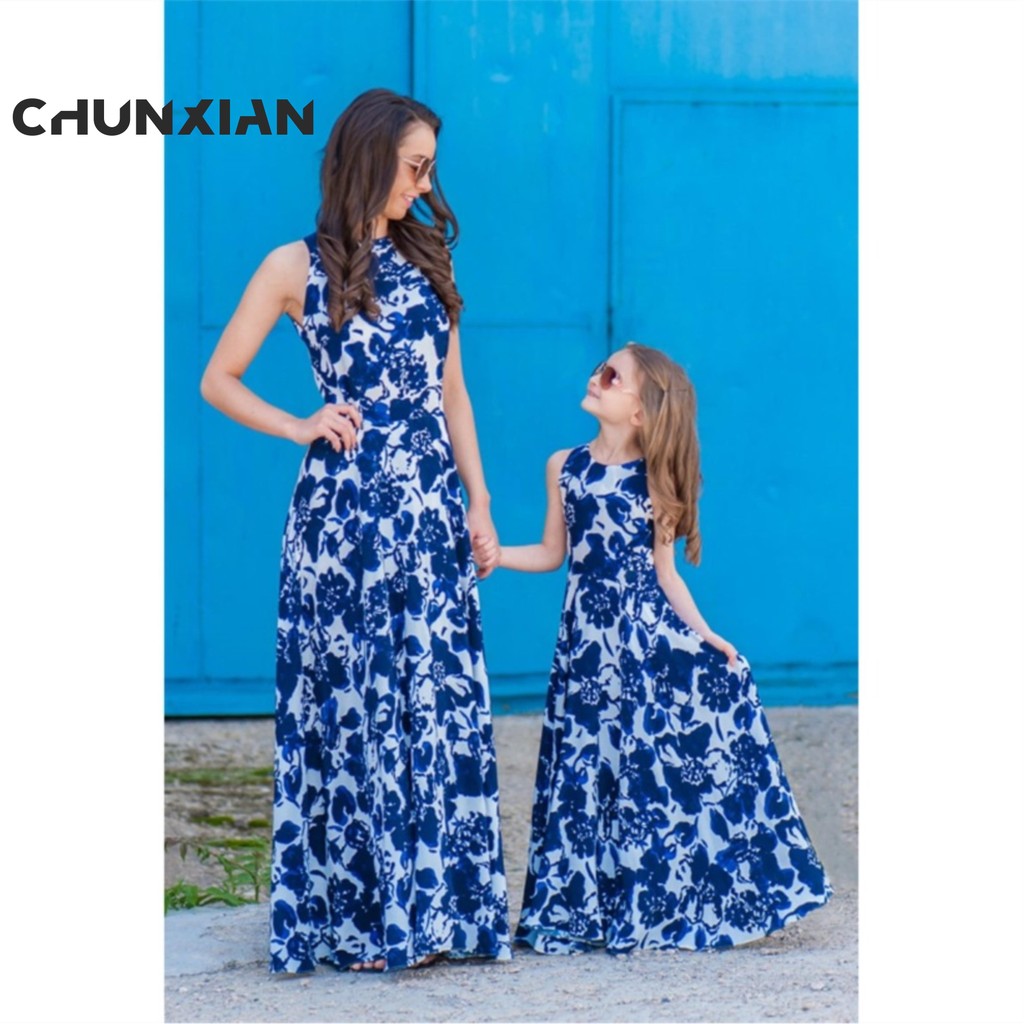 Mommy and Me Matching Maxi Dress Long Floral print Dress Women & Girls Family Set Matching Outfits Floral Print Maxi Dresses Mother-daughter Parent-child Dresses High Waist Big S