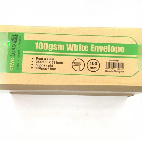 【1BOX=250PCS ! ! !】LION 10"x15" White Envelope 100gsm (254mmx381mm) (EW-40484) (Peel&Seal) (250PCS) 