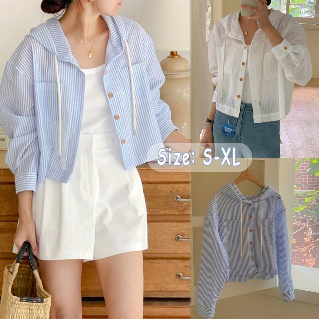 Sari Chic Korean Style Long Sleeve Blue Striped Shirt Women Summer Thin Sun Protection Hooded Cardigan w441