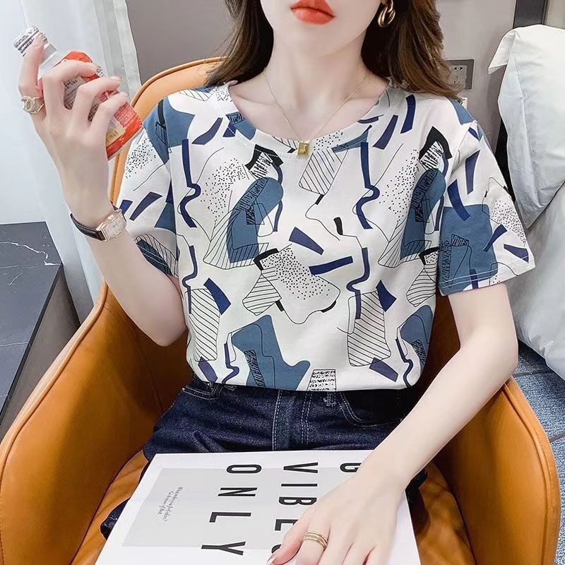 Heefun Summer Korean Versatile White Short Sleeve 2024 New Crew Neck Printed T-Shirt Women's Fashion High Quality Loose Half Sleeve Top Casual Clothing