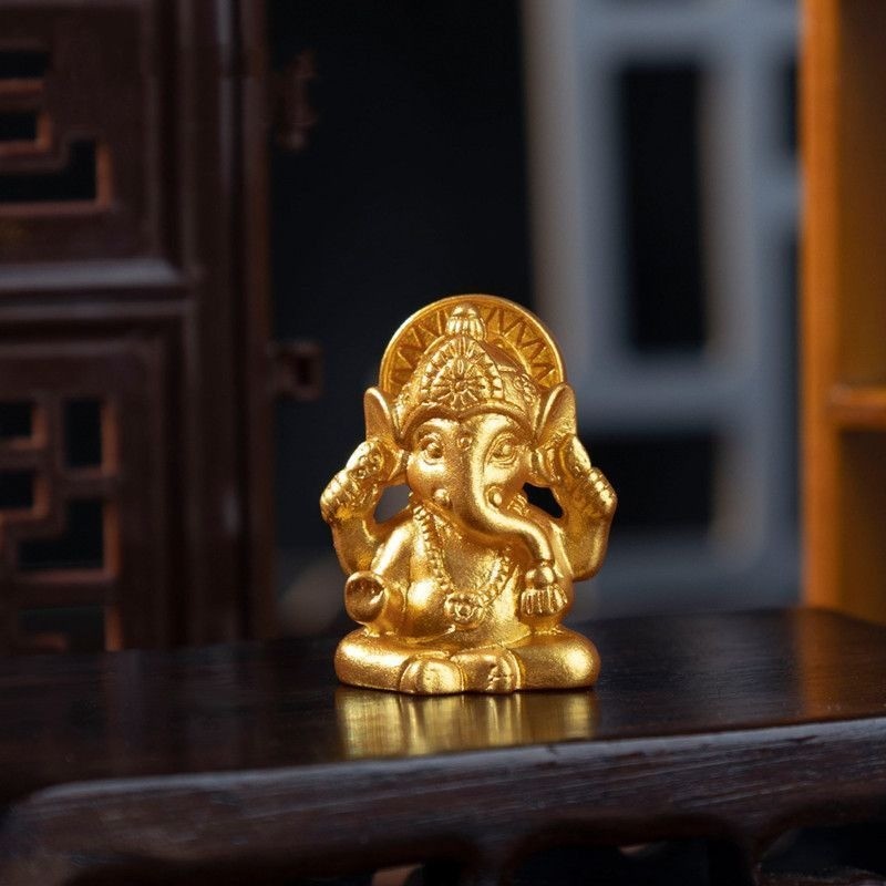 Golden Southeast Asian Ganesha Mini Statue - Thai Indian Elephant God Ornament Decor, Small Figurine for Home Blessings