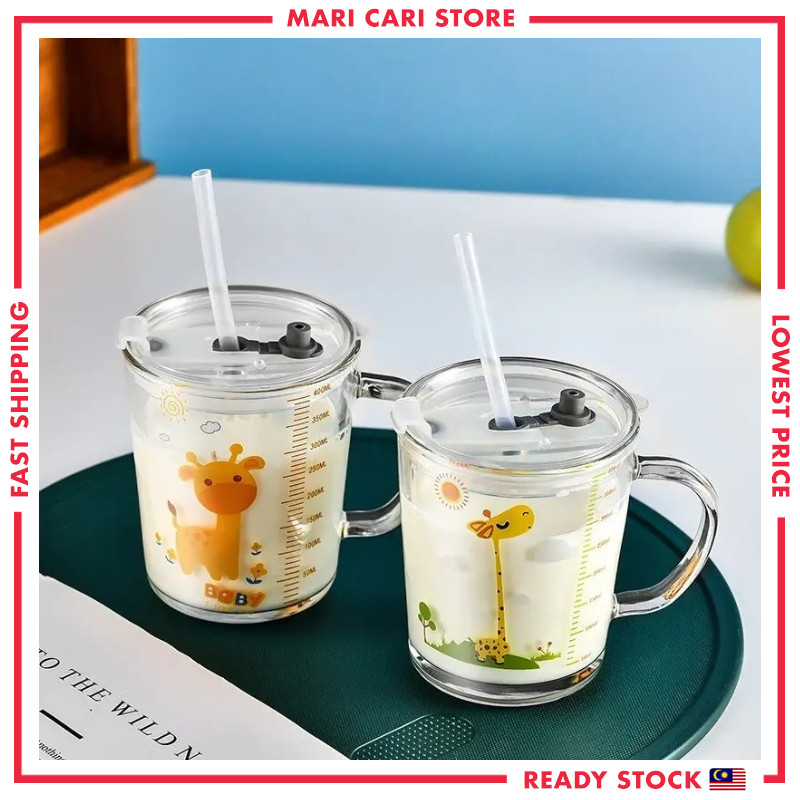 Water Cup Milk Cup With Handle Children Kid Glass Mug With Cover Lid Straw Scale Cartoon Animal Unicorn Glass