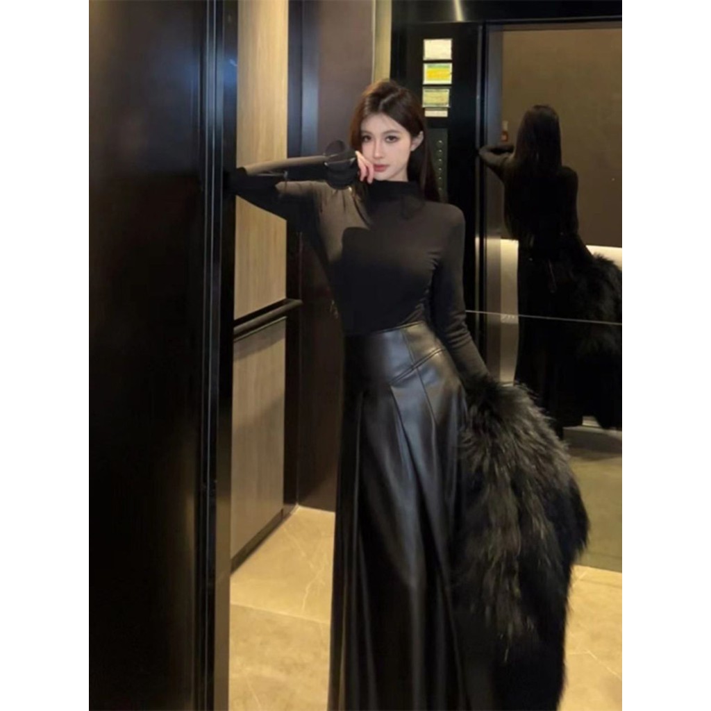 Fashionable Cute Hepburn Style Black High-End High-Waisted Skirt Female Spring Autumn Royal Sister Wear Leather Skirt Small a-Line Pleated Skirt Taiwan Autumn Winter