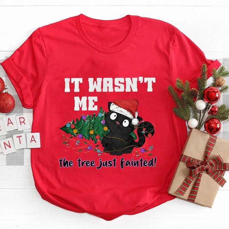 It Wasn't Me The Tree Just Fainted Women T-shirts Funny Christmas Tees Black Cat Sweatshirt Cat Lover Xmas Tops Female Clothing