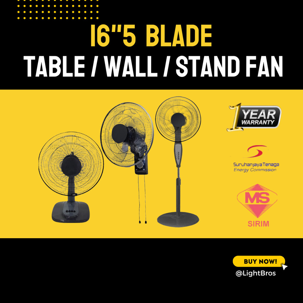<SIRIM> 16" 5 BLADE 3 SPEED TABLE FAN/WALL FAN/STAND FAN