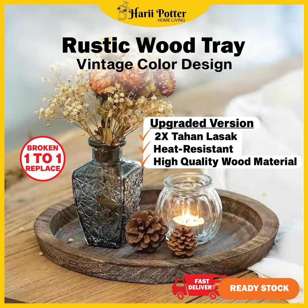 Round Wooden Tray Decor Tray Wood Rustic Decoration Table Aesthetic Dulang Kayu Tray Kayu Candle Holder Dulang Hiasan