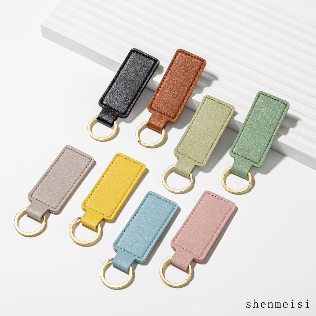 Square Keychain PU Leather Double Sided Keychain Car Small Gift Metal Pendant SolidColor Car KeyChain Simple Keyholder