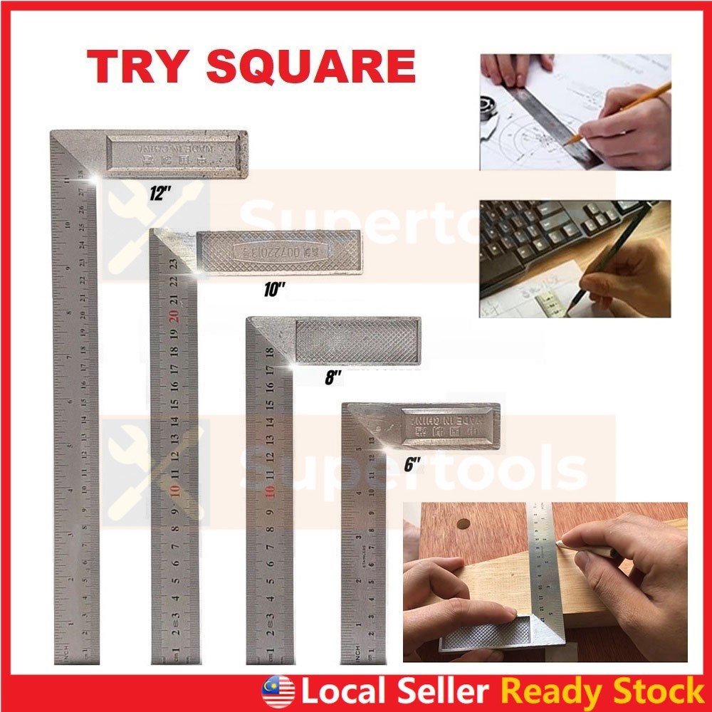 6"/8"/10"/12'' Try Square L Shape Right Angle Ruler Steel Carpenter Square Scale Tools Pembaris Besi L Sesiku