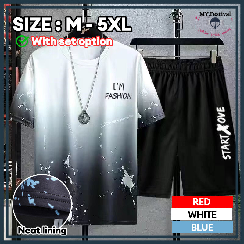 (M-5XL) Men T-Shirt Shorts Malaysian Fashion Colour Gradient Short Sleeve Loose Tie dye Shirt+Pants 2 in 1 Baju 男生短裤