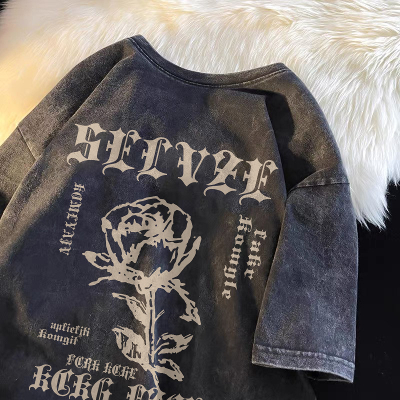 P001396*NUZIRO Fashionable retro T-shirt for women trendy hip-hop rose print oversized American washed black distressed short sleeved shirt