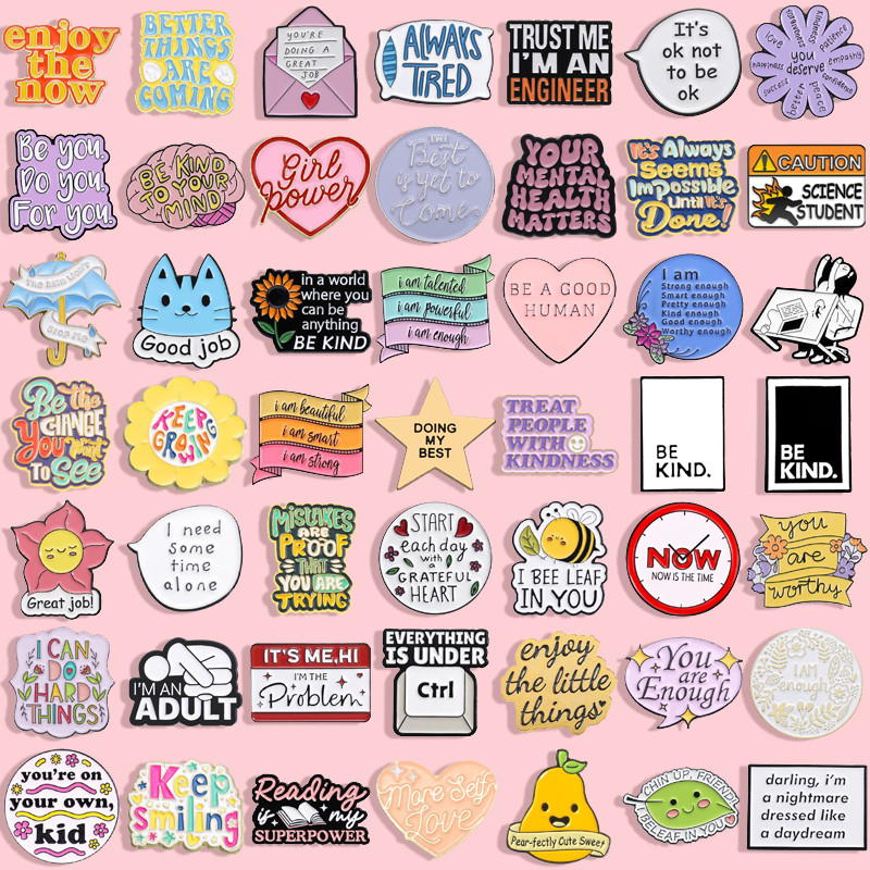 100 Styles Enamel Brooch Inspirational Warm Energy English Phrase Metal Badge Fashionable Personalized Backpack Clothing Accessories Gift For Friends