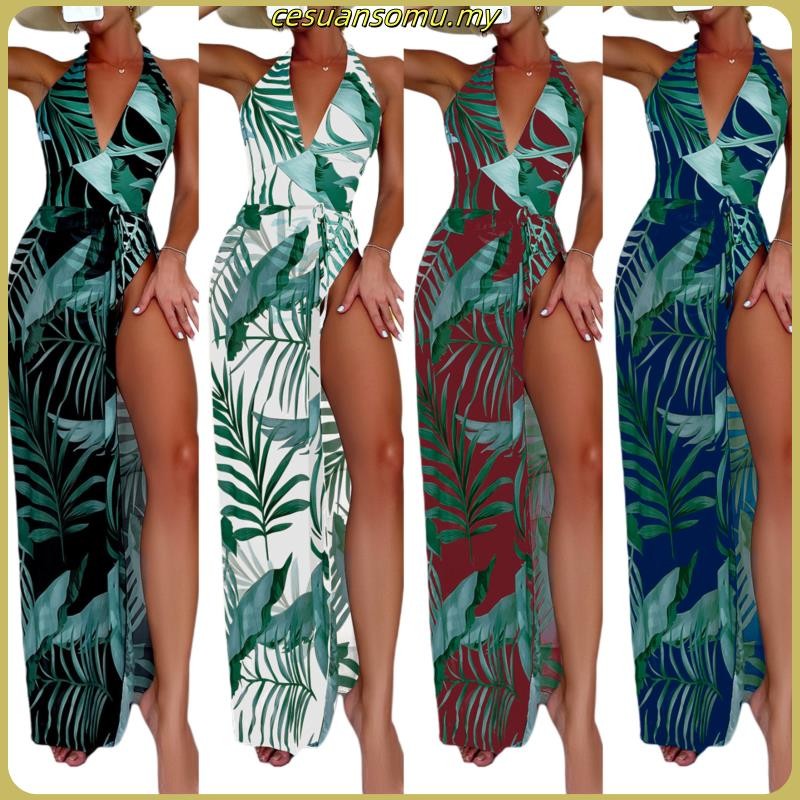 RR 2Pcs/Set Tropical Leaves Print Halter High Waist Monokini Cover Up Women Deep V-neck Backless Romper Swimwear Maxi Skirt for Swimming Pool