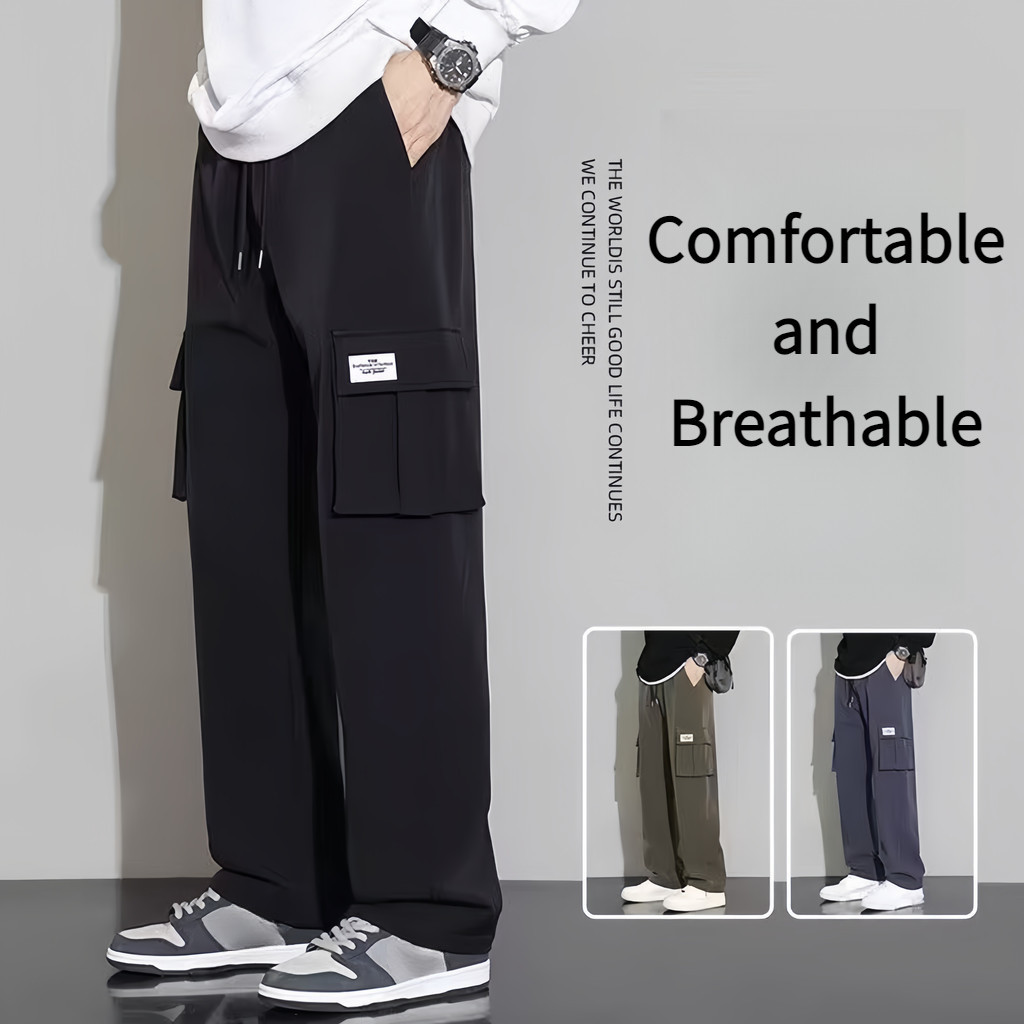 Men Cargo Long Pants Big Functional Pocket Trousers Seluar Panjang Lelaki cargo pants men Ice Slik Drawstring Loose Cool and Comfortable Pants Seluar Kargo Lelaki