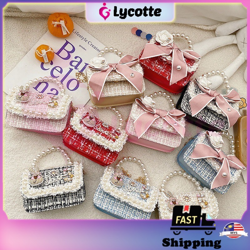 LYCOTTEmy Girls Mini Handbag Kids Children Princess Pearl Handle Messenger Ribbon Baby Princess Crossbody Bag