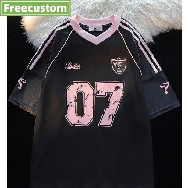 【Free Custom Name & Number】Oversized American Style Shoulder Patch Short Sleeved T-shirt Women Summer Silver Top Half Sleeved Couple V-neck Sports Jersey