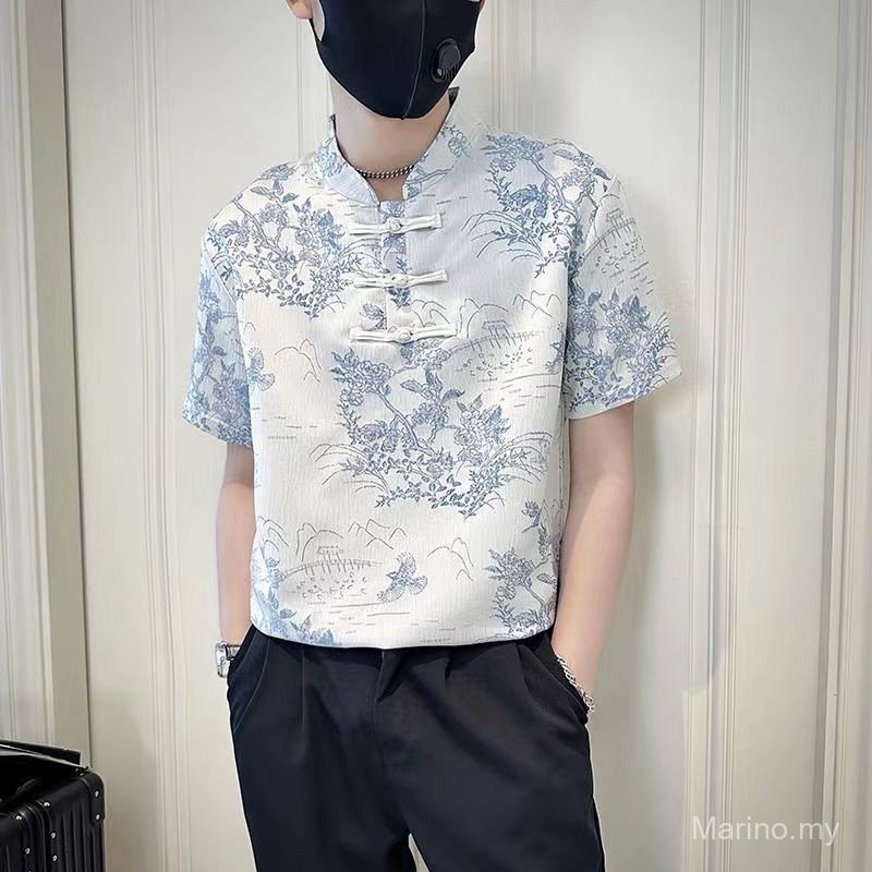 唐装男 hanfu chinese traditional wear 中國風男裝 中国风上衣男 chinese new year clothes Chinese Style Traditional T-shirt Men Frog Button Short Sleeve 2024 New Summer Menswear Top Half Sleeve T-shirt