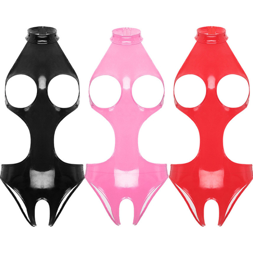 Womens Wet Look Cutout Bodysuit Halter Cup Hollow Out Open Crotch Back Zipper Bodycon Jumpsuit Tempting Lingerie Nightwear