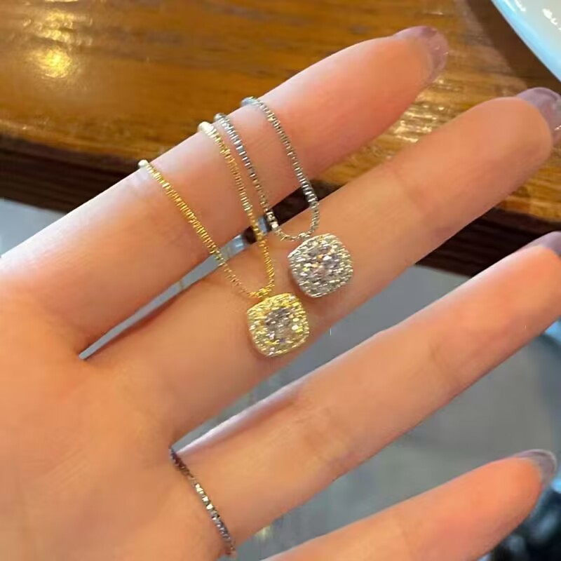 Korea fashion zirconia square necklace women silver color ins fine student birthday gift