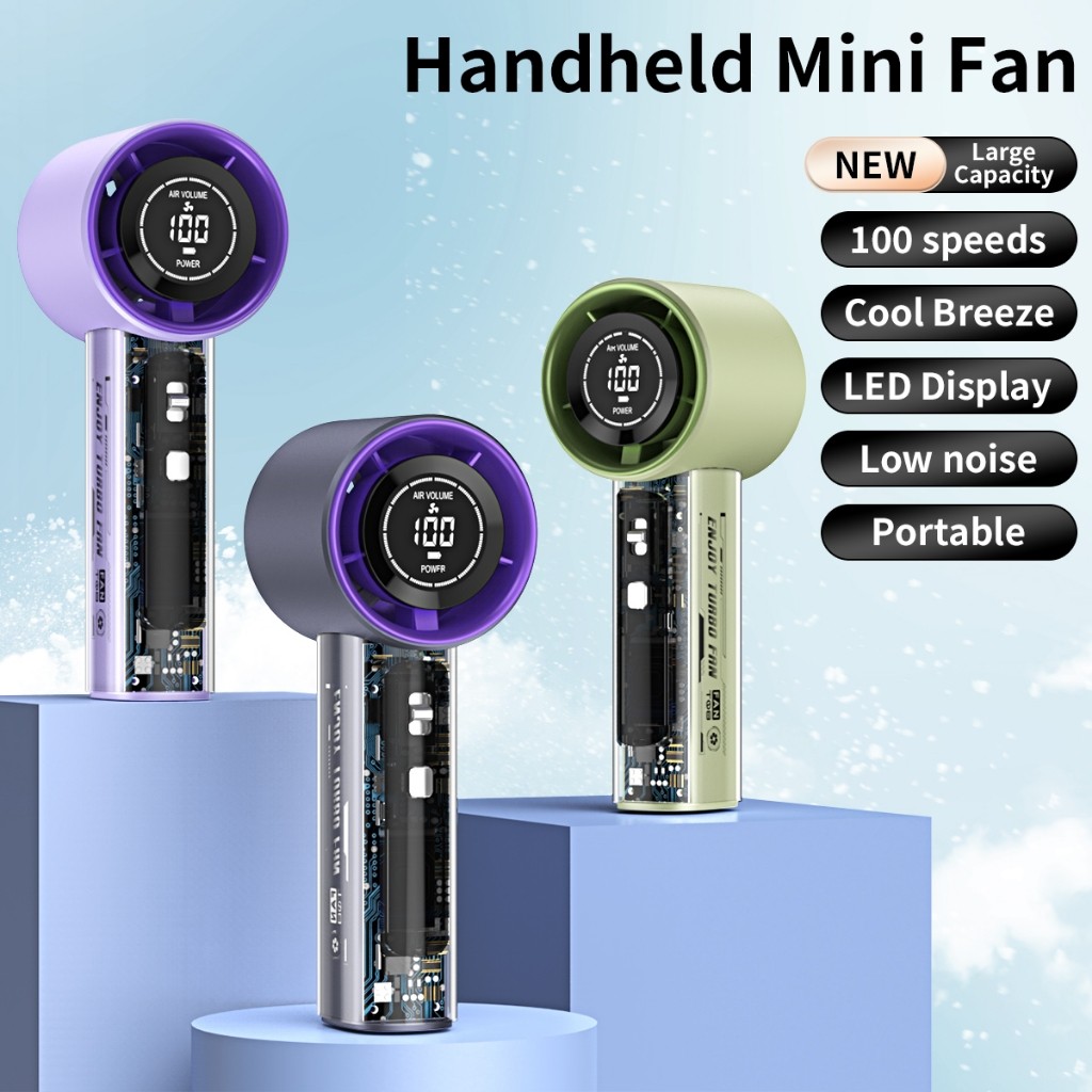 【 100 Speed 】Portable USB Mini Fan kipas mini kipas tangan transparent Fan Rechargeable Handheld Fan with Led Display