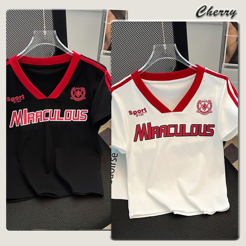 【READY STOCK】 CherryShop⭐V-neck casual short-sleeved T-shirt women's short top with letter print