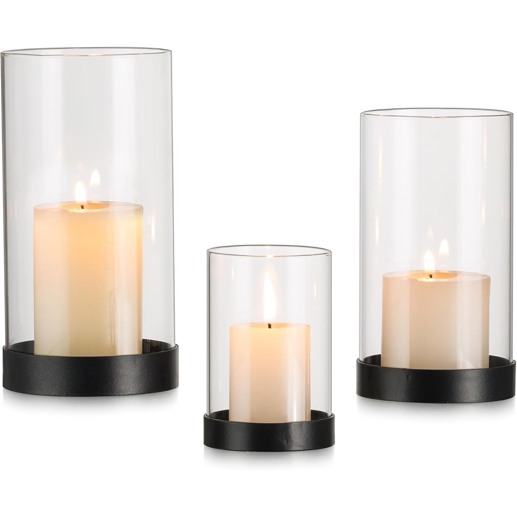 Hurricane Candle Holder for Pillar Candles: Clear Glass Hurricane Candle Holder 3Pcs Pillar Candle Holder for Tables Black Candle Holder Modern Candle Holder for Dining Table Livin