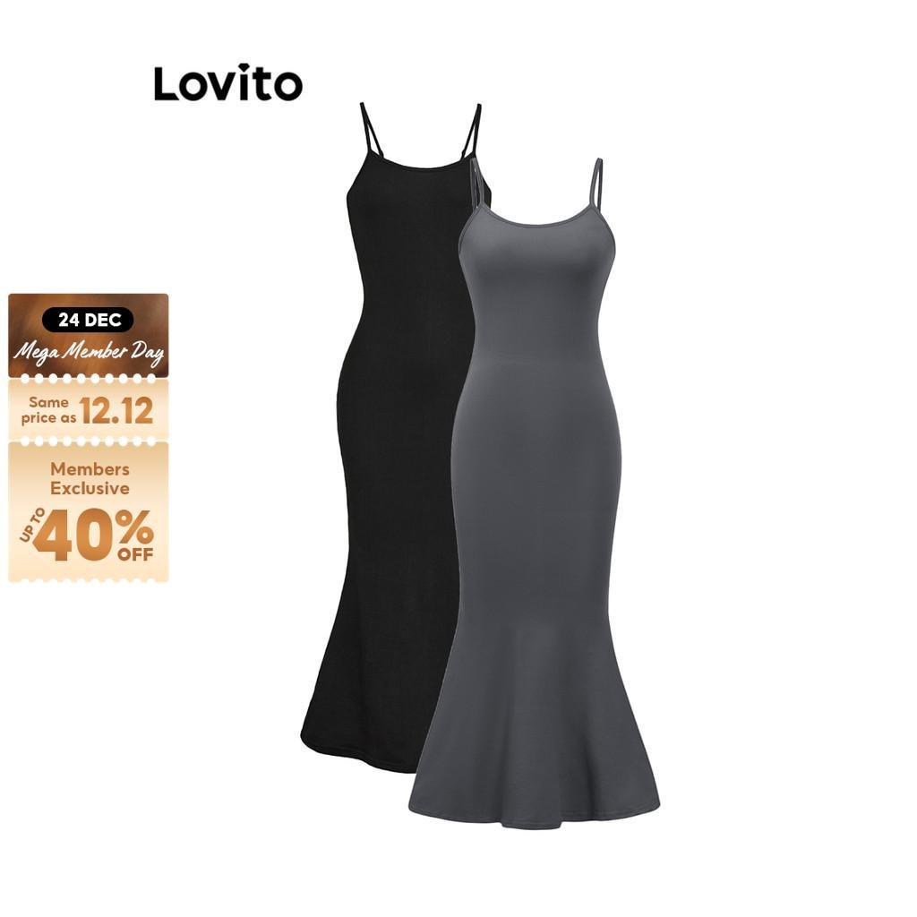 Lovito Casual Plain Fishtail Adjustable Buckle Slim Fit Women Dress L36AD011 (Multi-color)