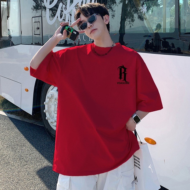 COd Red short sleeved t-shirt men's pure cotton heavyweight couple half sleeved American retro oversized