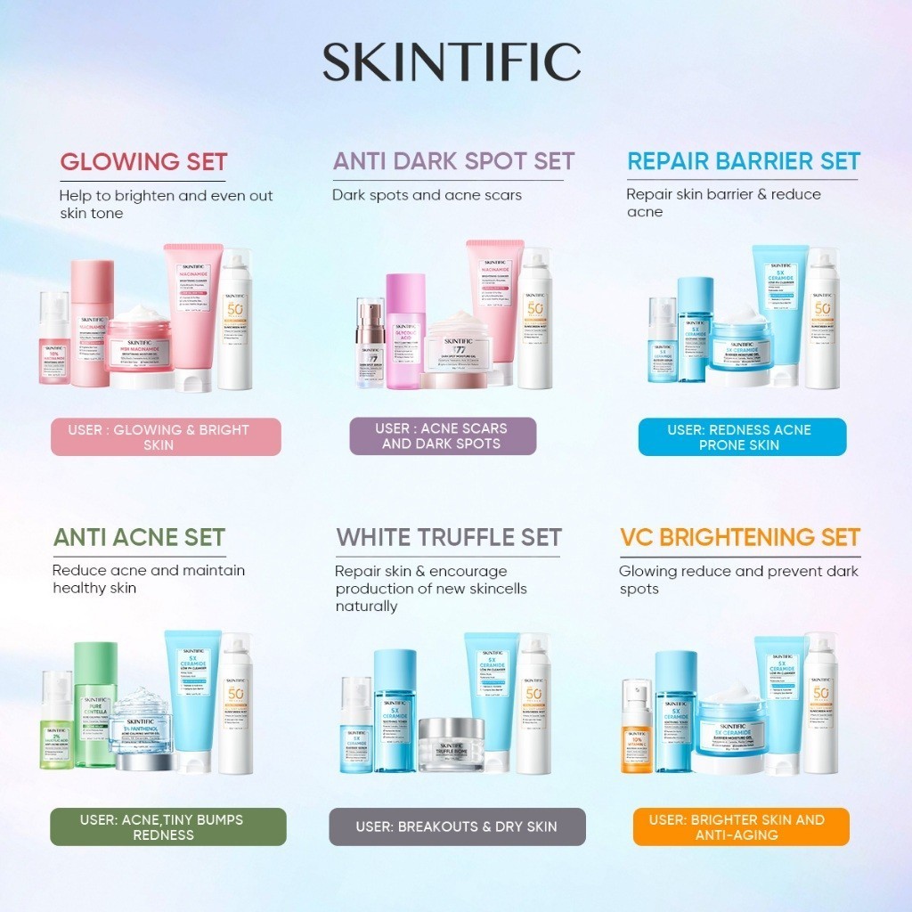SKINTIFIC Set 5Pcs with Sunscreen Skincare Low pH Cleanser + Moisture Gel + Exfoliating Toner Sunscreen Serum