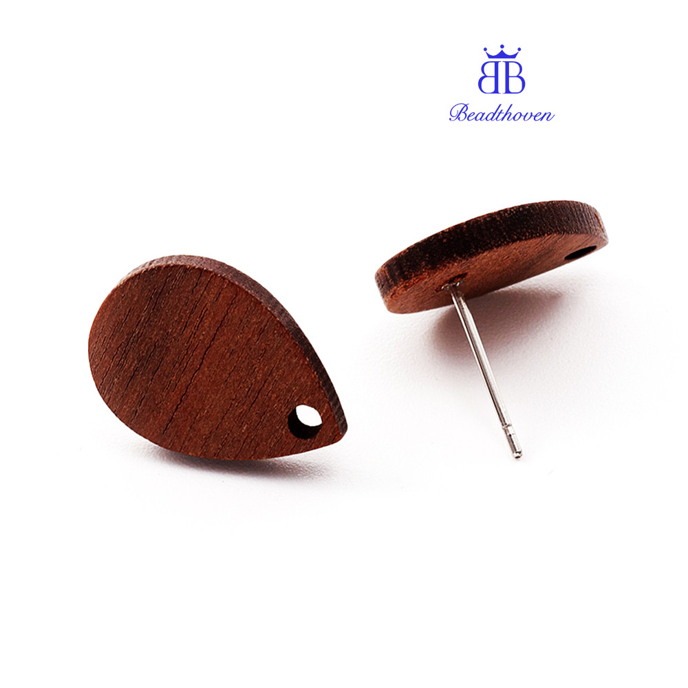 10pc Coconut Brown Wood Stud Earring Findings with Alloy Earring Pin Teardrop Platinum 16.5x11.5x2.5mm Hole: 1.5mm Pin: 0.6mm