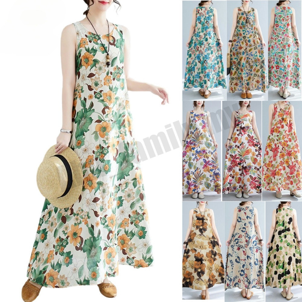 Women's Floral Summer Sun Dress Sleeveless Flowy Maxi Dresses Cotton Linen Floral Printed Casual Loose  Beach Long Swing Holiday Dress with Pockets