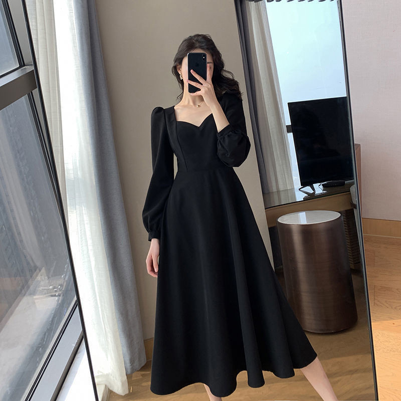 Hepburn Style Little Black Dress Women's Spring New Retro V-neck Long below the Knee Black Temperament Dress Long Dress