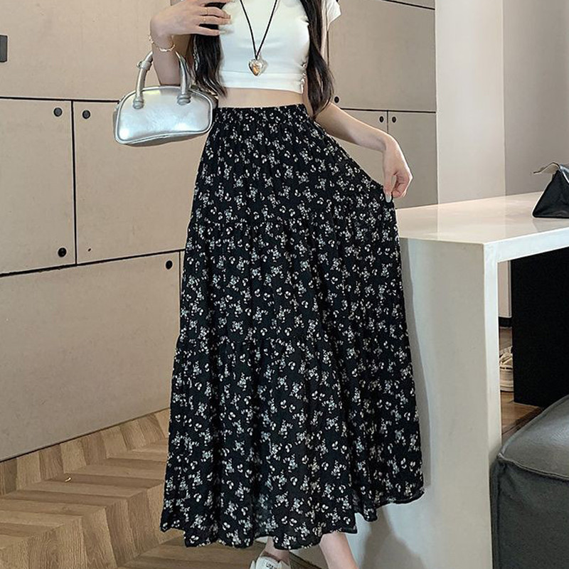 【Malaysia stock】 Women A-line Floral Skirt Crotch Covered High-end Skirt Summer Thin High Waist Long Skirt fine11