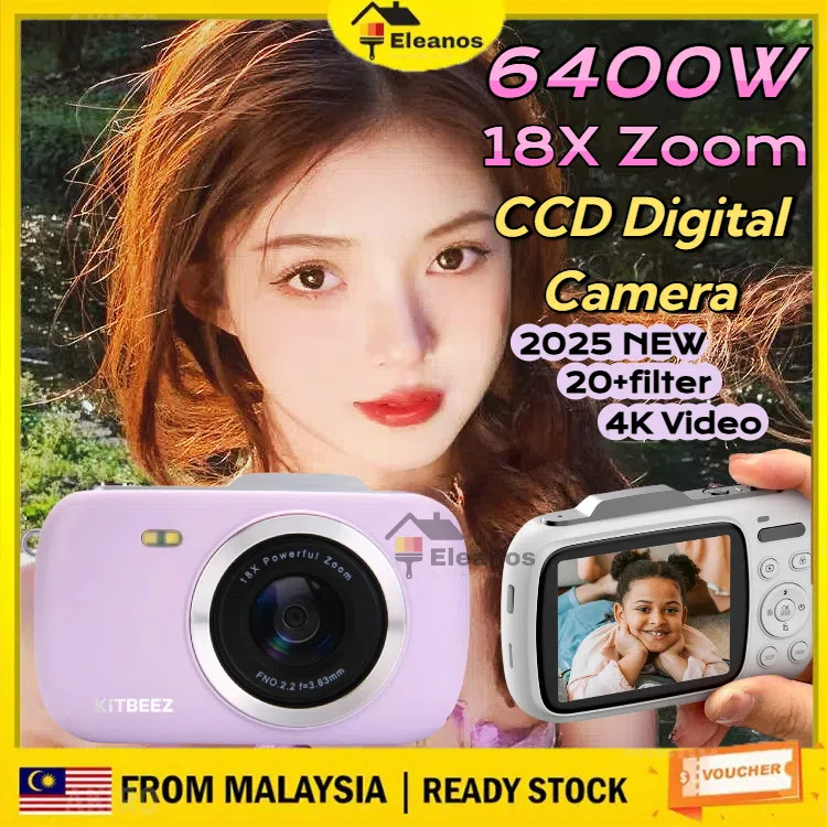KiTBEEZ KF-3Kamera CCD Retro Macaron 64MP 18XZoom Digital 4K Video Built-in Flash Camera Untuk Vlog TikTok✨Free Sticker