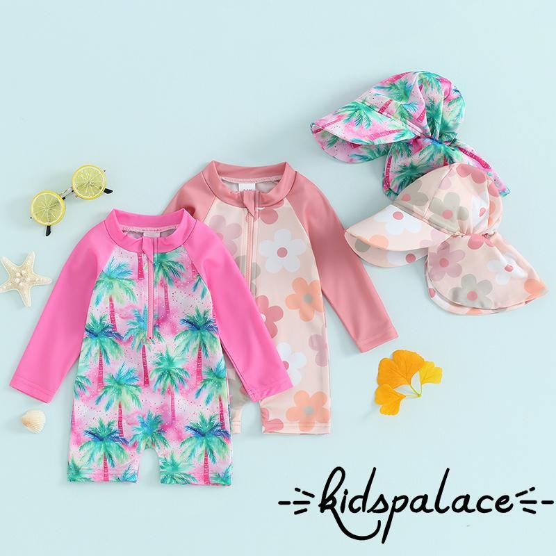 BbQ-Toddler Girls Beach Swimwear Long Sleeve Floral/Tropical Tree Print Zip Up Bathing Suits with Hat
