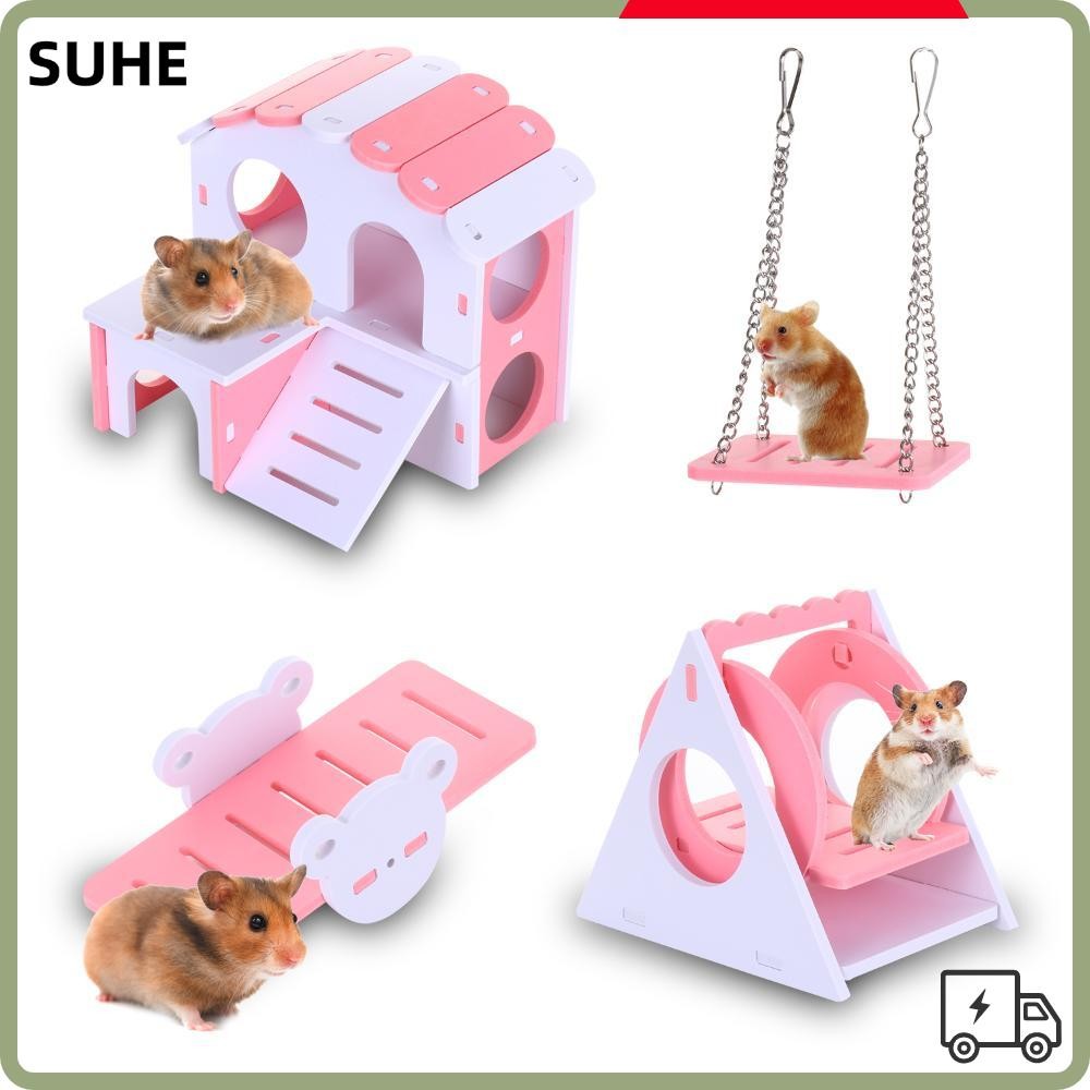 SUHE Small Pets Hanging Swing Triangle Swing Play Toys Set Hamster House Exercise DIY Small Animals Hamster Seesaw Toy Wooden