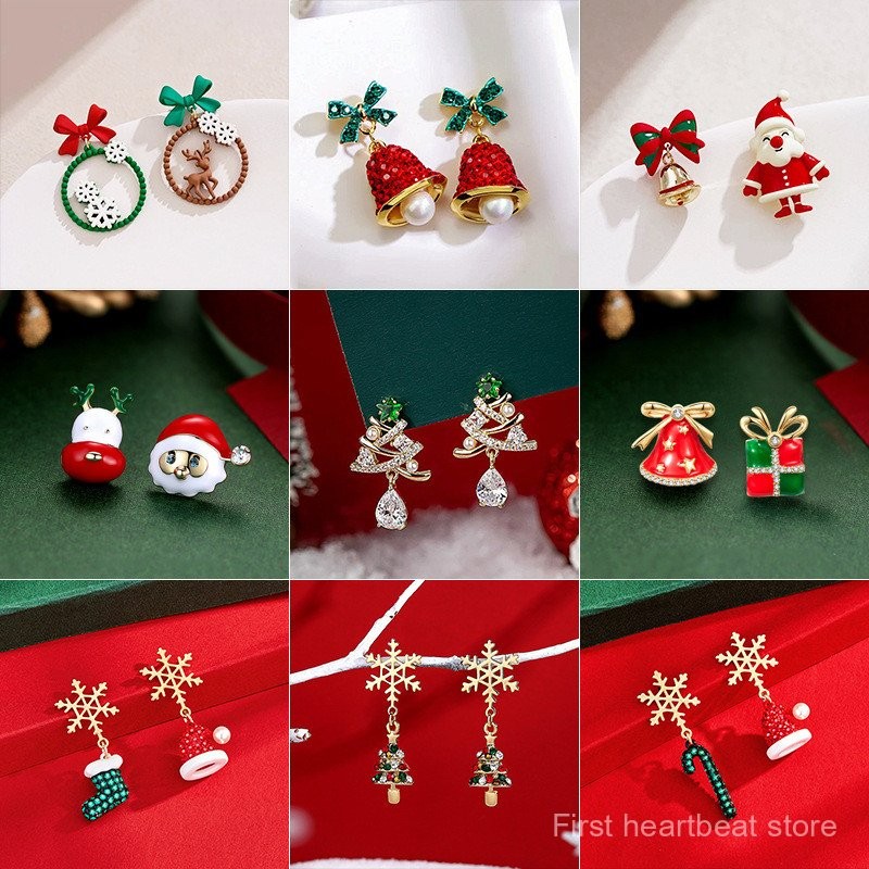 European American New Style S925 Silver Needle Christmas Series Earrings Collection Asymmetric Earrings Sweet Cute Female Holiday Gifts