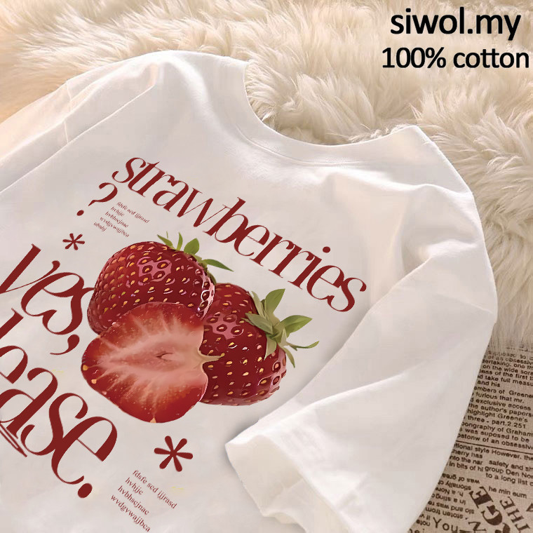 （✨24Hour shipping✨）Maise STUDIO Korean retro Breathable Strawberry print oversized white Crew Neck T-shirt for women