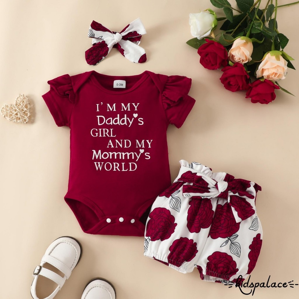 ABQ-Infant Baby Girls Clothes Set Letter Print Short Sleeve Crew Neck Romper Floral Print Shorts Headband 3Pcs Set