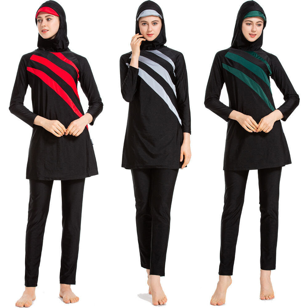 MYWarbase 3 in 1 Plus Size Swim Set Women Elegant Fashion Full Coverage Muslim Islamic Swimwear Long Sleeves Polyester B