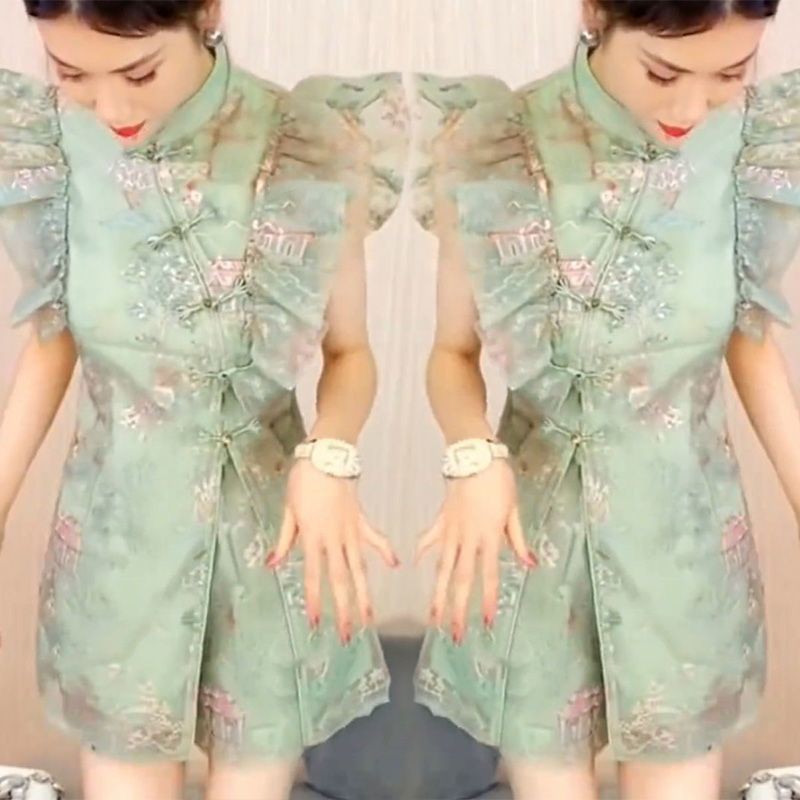 New Chinese Style National Style Cheongsam Suit European Goods Summer New Style Buckle Top Fashion Shorts Two-Piece Suit