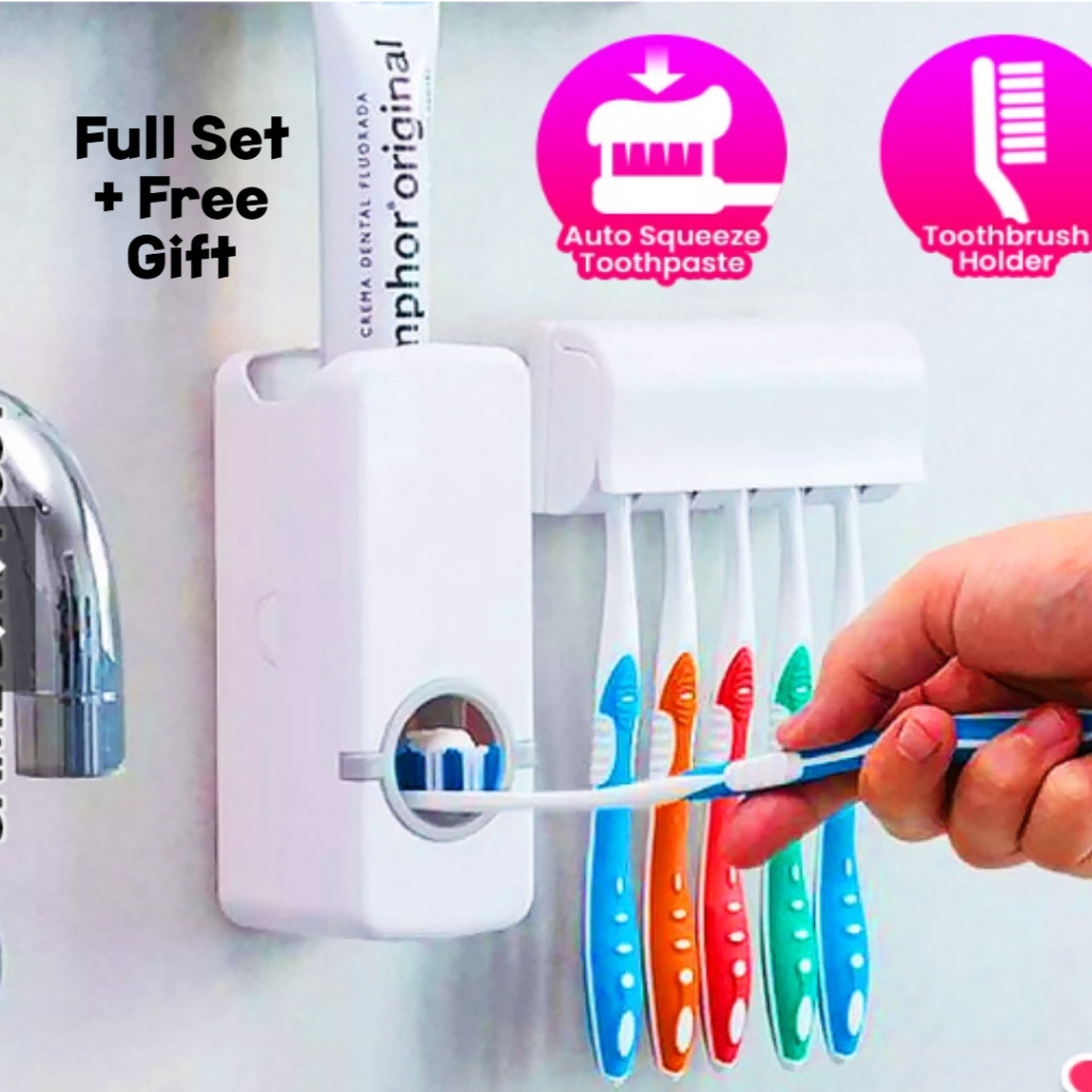 《 ONE TOUCH》Buy 1 FREE 5 Toothbrush Slot Holder Toothpaste Shaver Dispenser Squeezer Wall Mount