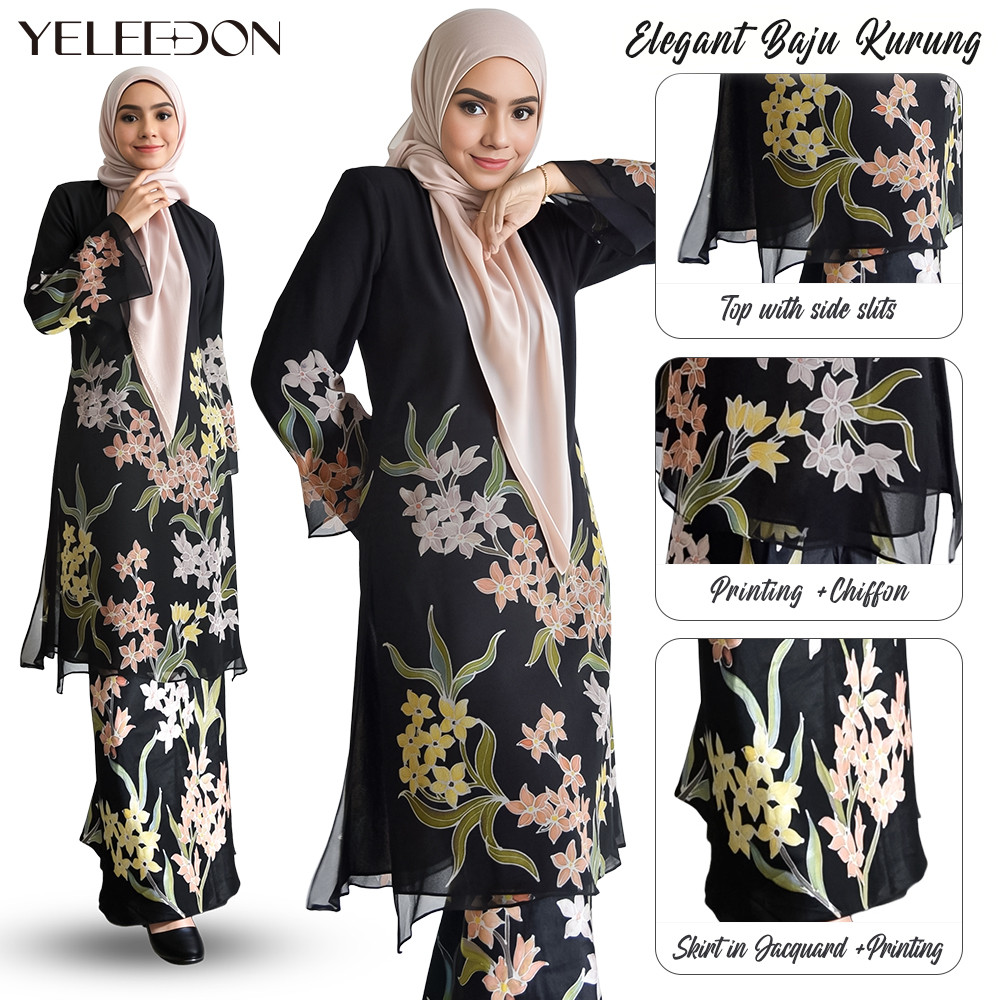 YELEEDON Baju Kebarung Modern Baju labuh klasik Baju Raya Haji 2025 Nikah/Tunang Kurung kurung kedah Floral Kurung Ironless Sesuai Untuk Kurung