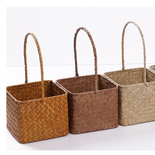 Ready Stock Natural Material Hand-Woven Square Handle Flower Basket Can Be Used for Hand-Woven Storage