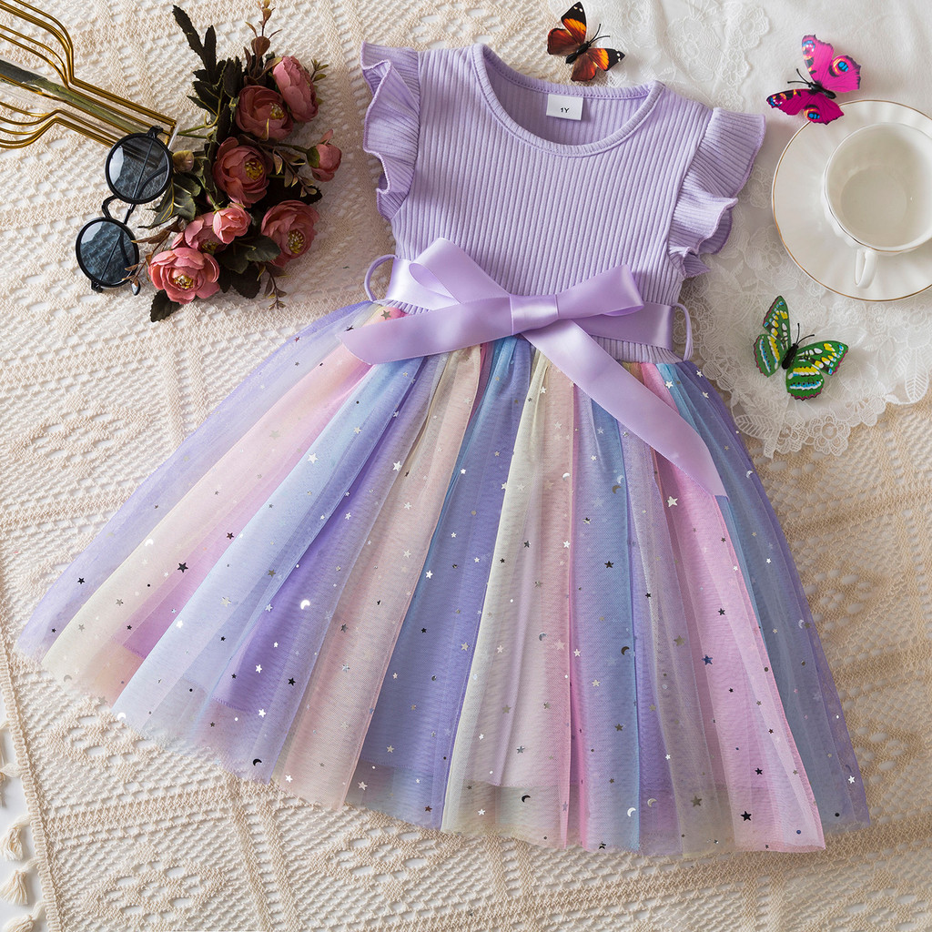 NNJXD Kids Girl Summer 1st Birthday Party Sweet Series Sleeveless Round Neck Dress Sparkling Mesh Bow Rainbow Dress