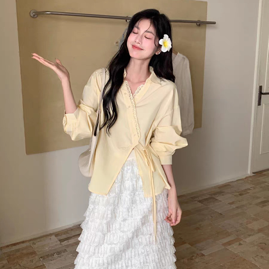 ?MiHo?[Ready Stock in Malaysia]Blouse Women Korean Style Irregular Lace Trim Tie Long Sleeve Shirt Baju Kemeja Perempuan
