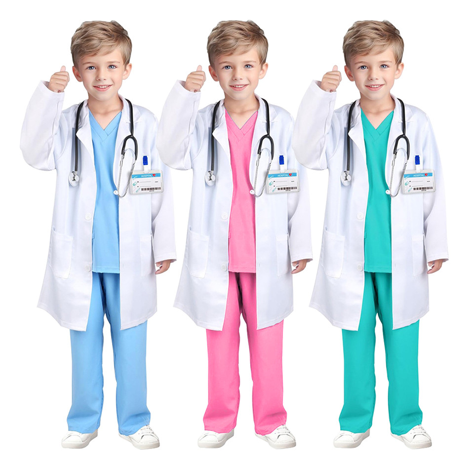 7Pcs/Pack Kid White Medical Uniform Lab Coat Doctor Nurses Boy Girl Performances and Educational Costume Children Clothing Set