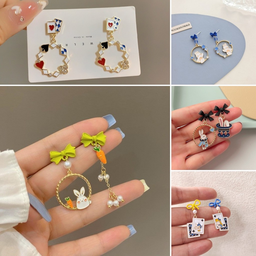 Fashionable S925 Pin Silver Earrings with Asymmetric Design and Pearl Tassels，Rabbit Carrot Stud