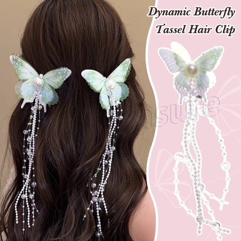 Dynamic Butterfly Tassel Hair Clip - Headwear - for Women Girls - Dress Up Hair Accessories - Duckbill Clips - Fashion Korean Style Hairpin - Sweet Ponytail Holder